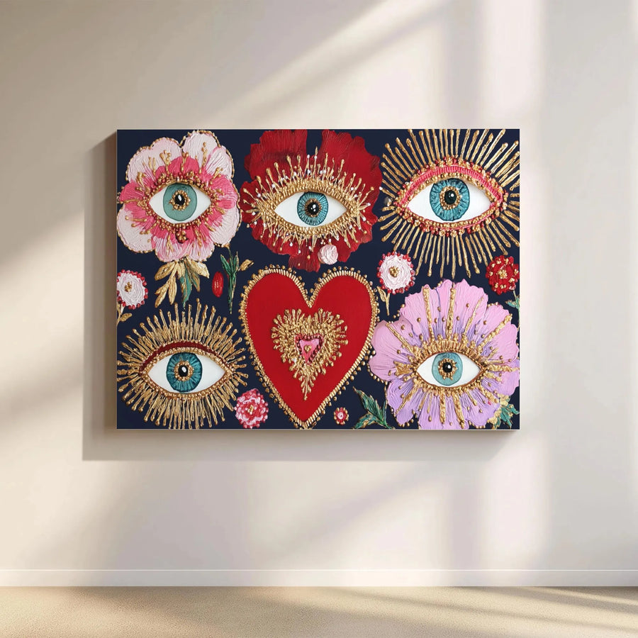 Boho Evil Eye Wall Art | Sacred Heart Floral Canvas Print | Textured Gold Aesthetic Decor | Spiritual Protection Gift for Home Gallery