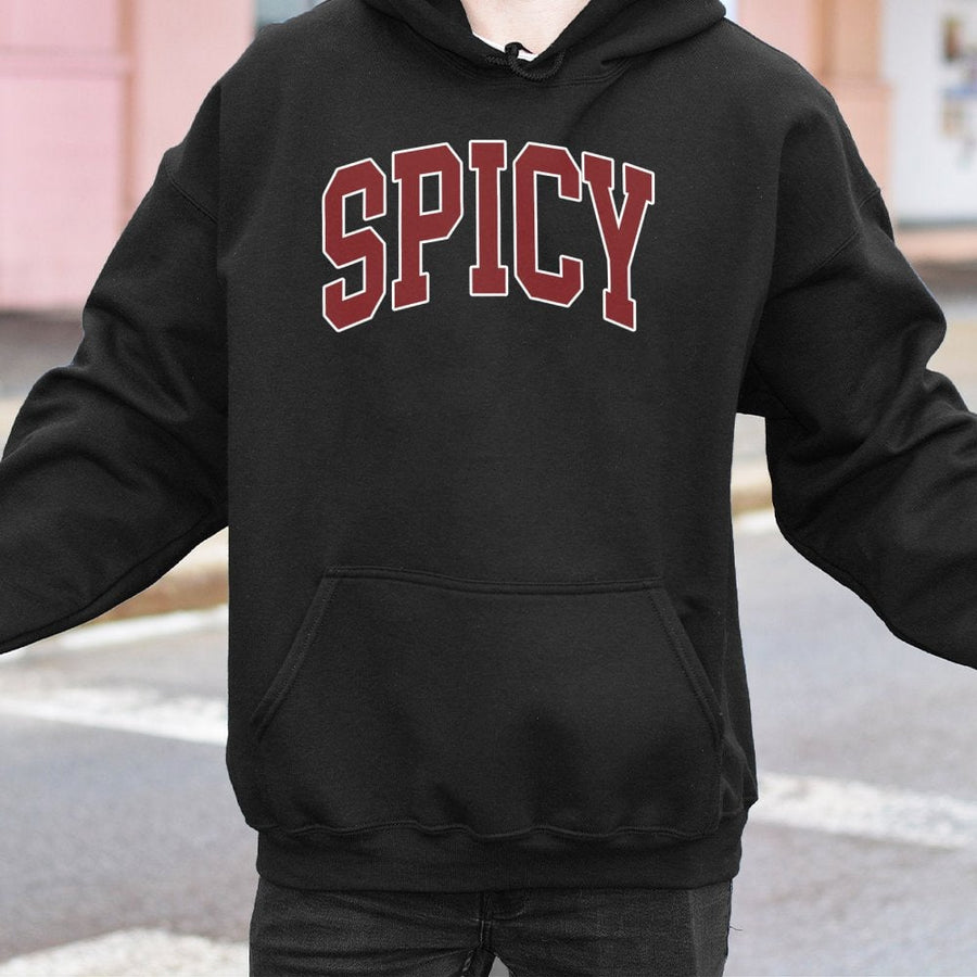 Spicy Varsity Hoodie | Retro Lettering Graphic Sweatshirt | Premium Cotton Blend | Sassy Gift for Her & Him Unisex Pullover