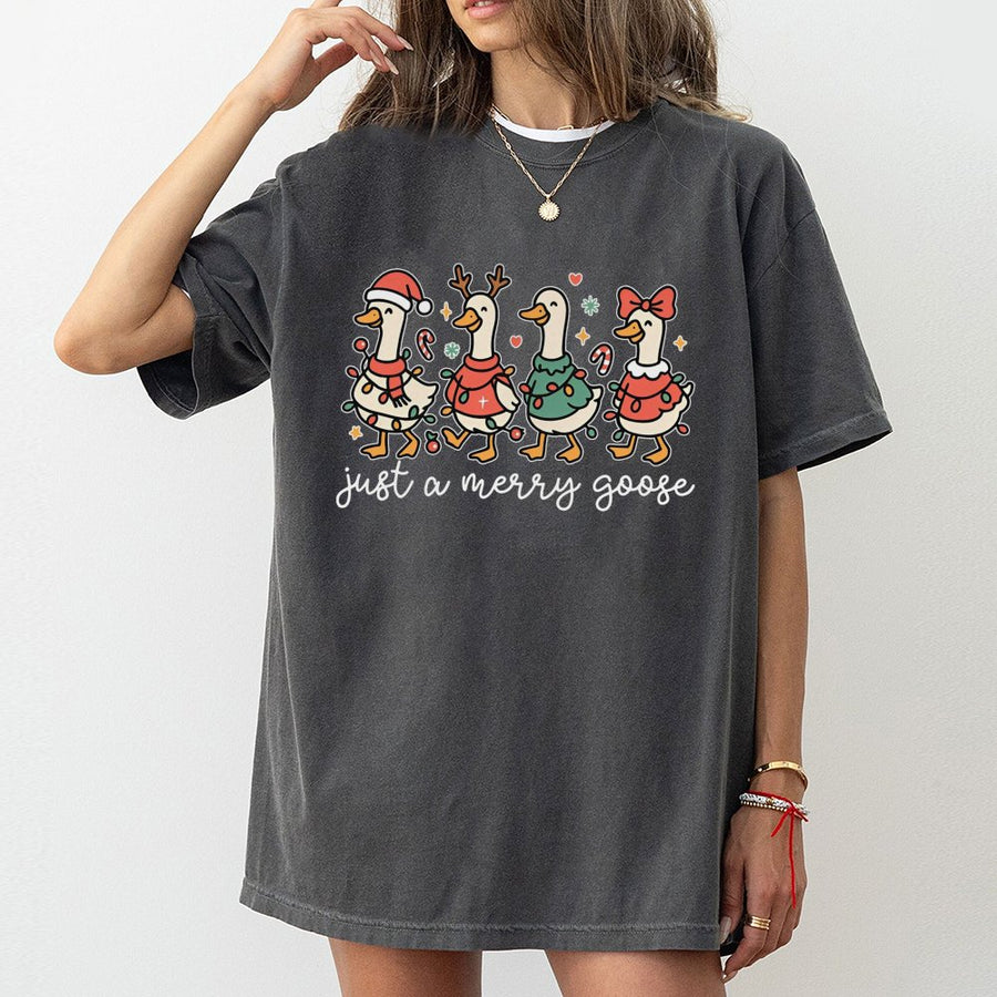 Christmas Goose T-Shirt | Funny Holiday Bird Graphic with Santa Hat and Lights | 100% Soft Cotton Premium Tee | Festive Gift for Goose Lovers