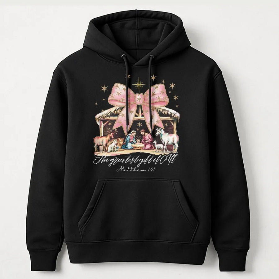 Nativity Scene Hoodie | The Greatest Gift Of All Christian Bow Design | Soft Cotton Blend Christmas Apparel | Religious Holiday Gift For Her