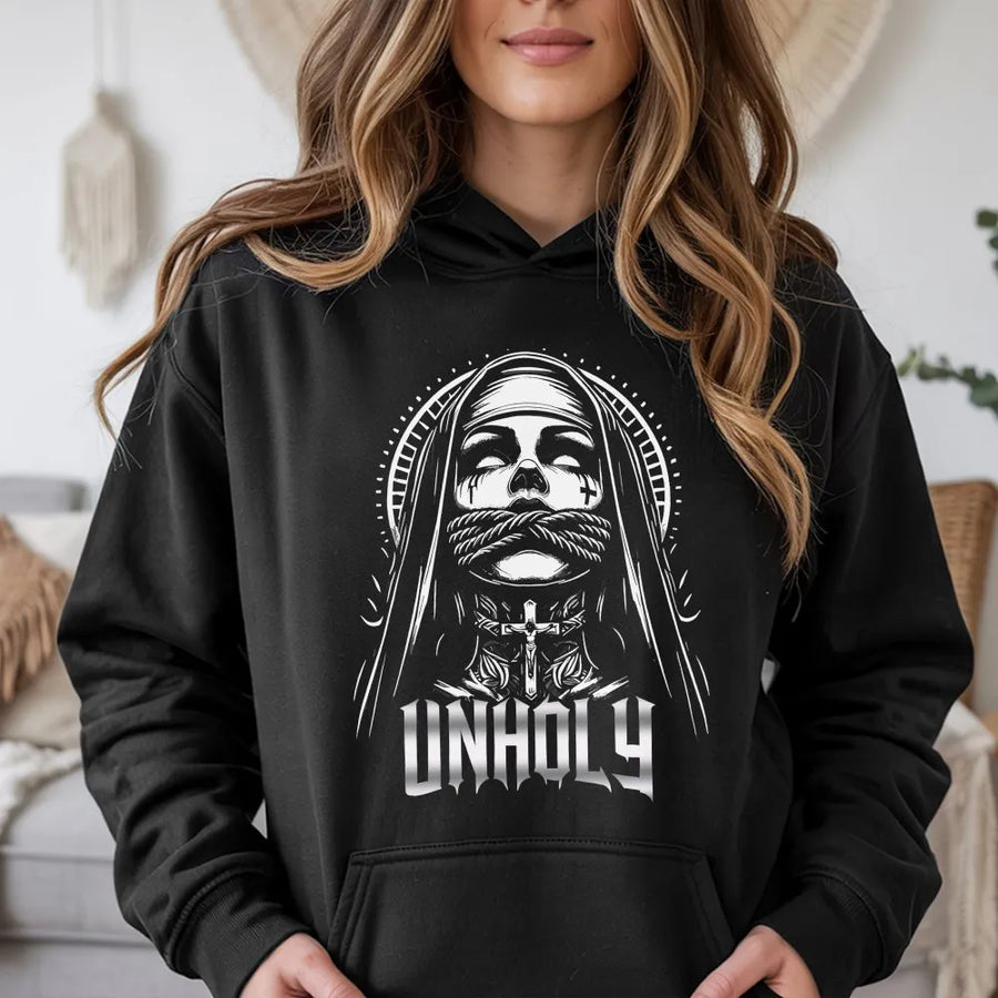 Unholy Nun Hoodie | Gothic Occult Graphic Print | Soft Cotton Tee | Premium Gift for Metal & Goth Fans