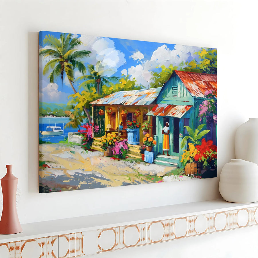 Vibrant Caribbean Town Canvas Art | Impressionist Tropical Village Painting | Premium Thick Gallery Wrap | Coastal Living Room Decor Gift