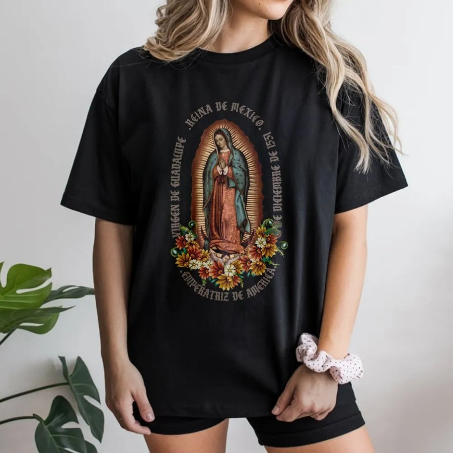 Virgen De Guadalupe T-Shirt | Floral Religious Art Graphic | 100% Premium Cotton Tee | Catholic Gift for Women and Men