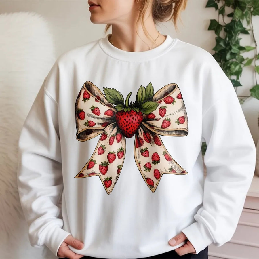 Coquette Strawberry Sweatshirt | Vintage Strawberry Bow Graphic | Soft Cotton Blend Crewneck | Cute Cottagecore Gift for Her