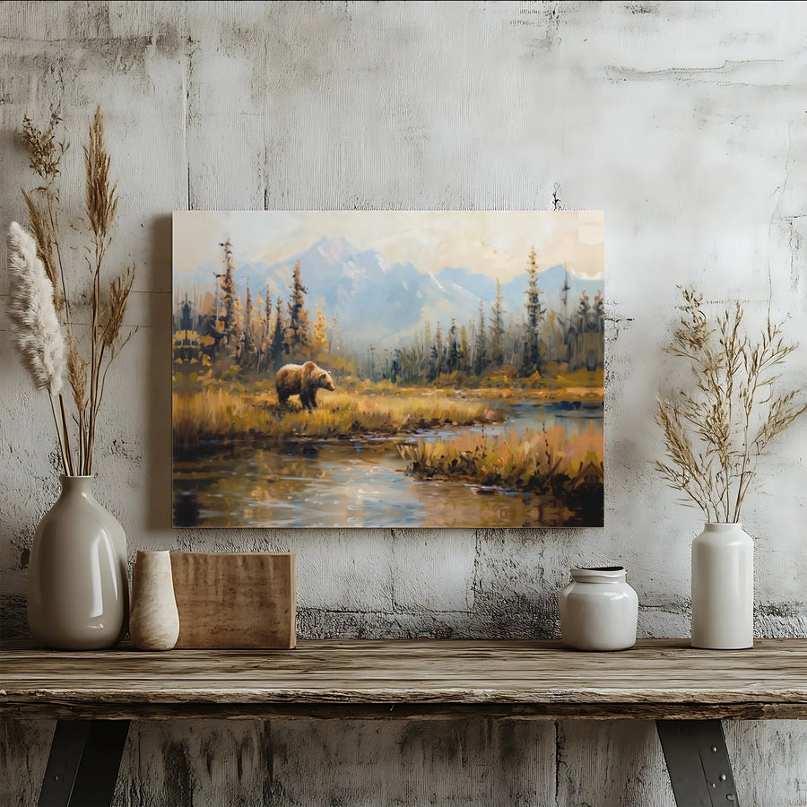 Grizzly Bear Wall Art | Autumn Mountain River Landscape Canvas | Premium Gallery Wrap Decor | Wildlife Nature Gift for Cabin and Home