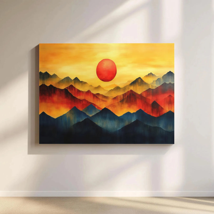 Abstract Mountain Wall Art | Japanese Inspired Red Sun Landscape | Premium Gallery Wrapped Canvas | Modern Living Room Decor Gift