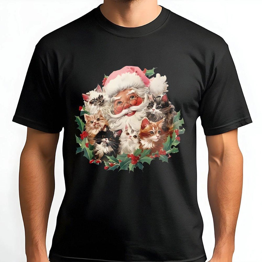 Santa and Kittens Christmas T-Shirt | Retro Festive Cat Lover Graphic | Soft Premium Cotton Tee | Whimsical Holiday Gift for Cat Moms and Dads