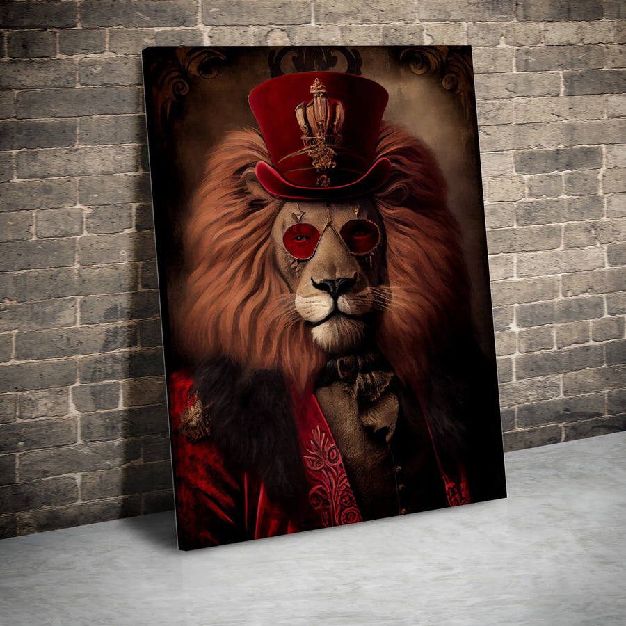 Dapper Lion Wall Art | Steampunk King Portrait in Red Top Hat | Premium Gallery Wrap Canvas | Unique Home Office Decor Gift