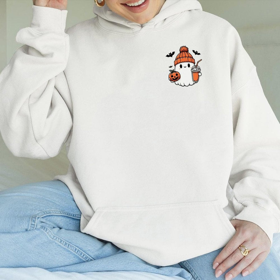 Cute Ghost Hoodie | Iced Coffee Halloween Aesthetic Design | Premium Cotton Blend | Spooky Season Gift For Women And Coffee Lovers