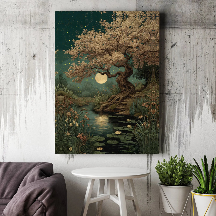 Enchanted Tree Canvas Art | Moonlit River & Fireflies Illustration | Premium Gallery-Wrapped Print | Living Room Wall Decor Gift