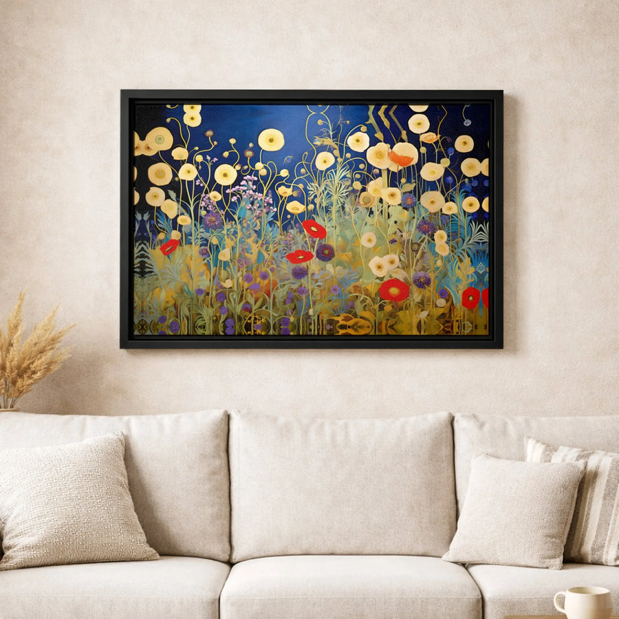 Abstract Wildflower Meadow Canvas | Dark Blue Botanical Floral Wall Art | 1.25-Inch Premium Gallery Profile | Nature-Inspired Home Decor Gift