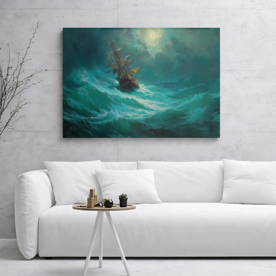 Stormy Sea Sailing Ship Canvas Print | Moody Ocean Nautical Wall Art | 1.25" Gallery Wrap Premium Canvas | Gift for Sailors and Beach House Decor