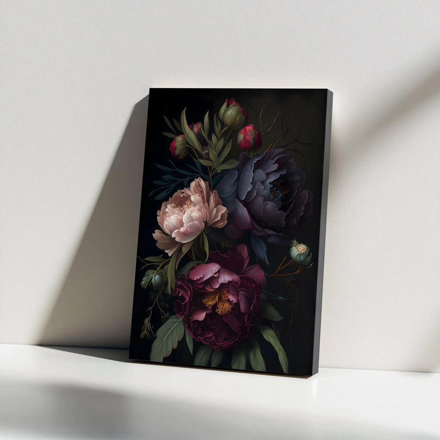 Dark Floral Canvas Art | Moody Peony Bouquet Print | Premium Gallery Wrapped Canvas | Dark Academia Wall Decor Gift