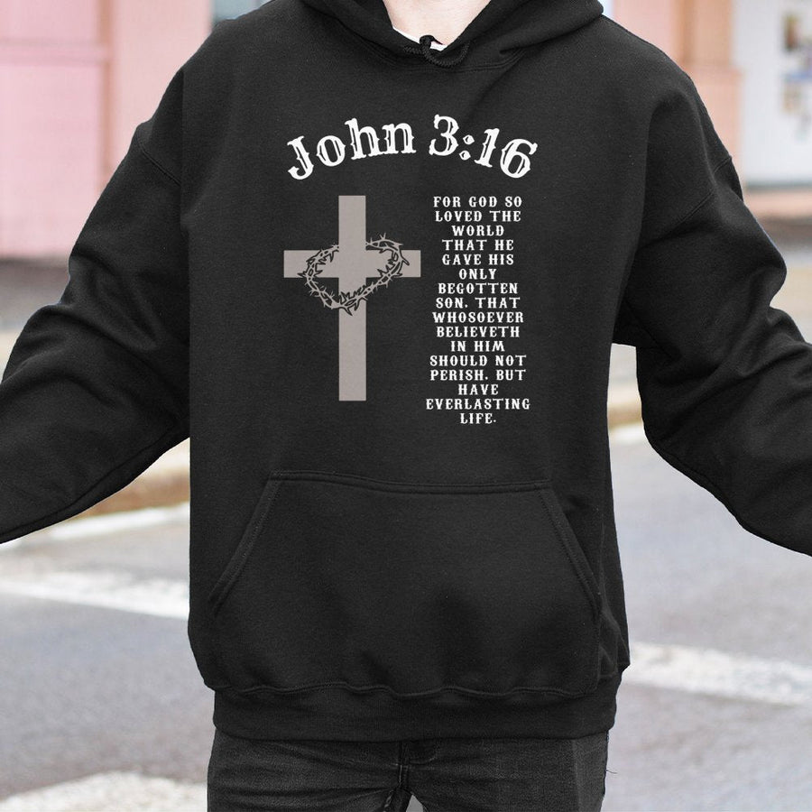 John 3:16 Hoodie | Cross and Crown of Thorns Bible Verse Graphic | Premium Cotton Blend | Faith-Based Christian Gift for Men and Women
