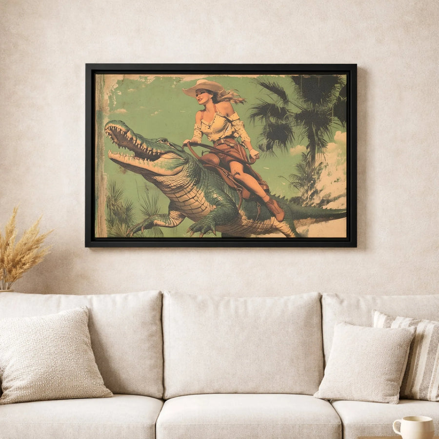 Cowgirl Riding Alligator Wall Art | Vintage Retro Illustration | Premium Gallery Wrapped Canvas | Unique Western Home Decor Gift