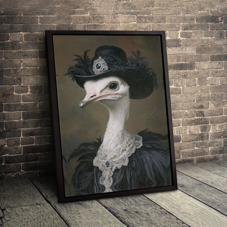 Ostrich Portrait Wall Art | Victorian Bird in Black Lace Bonnet | Gallery Quality Framed Canvas | Quirky Animal Decor for Home Office