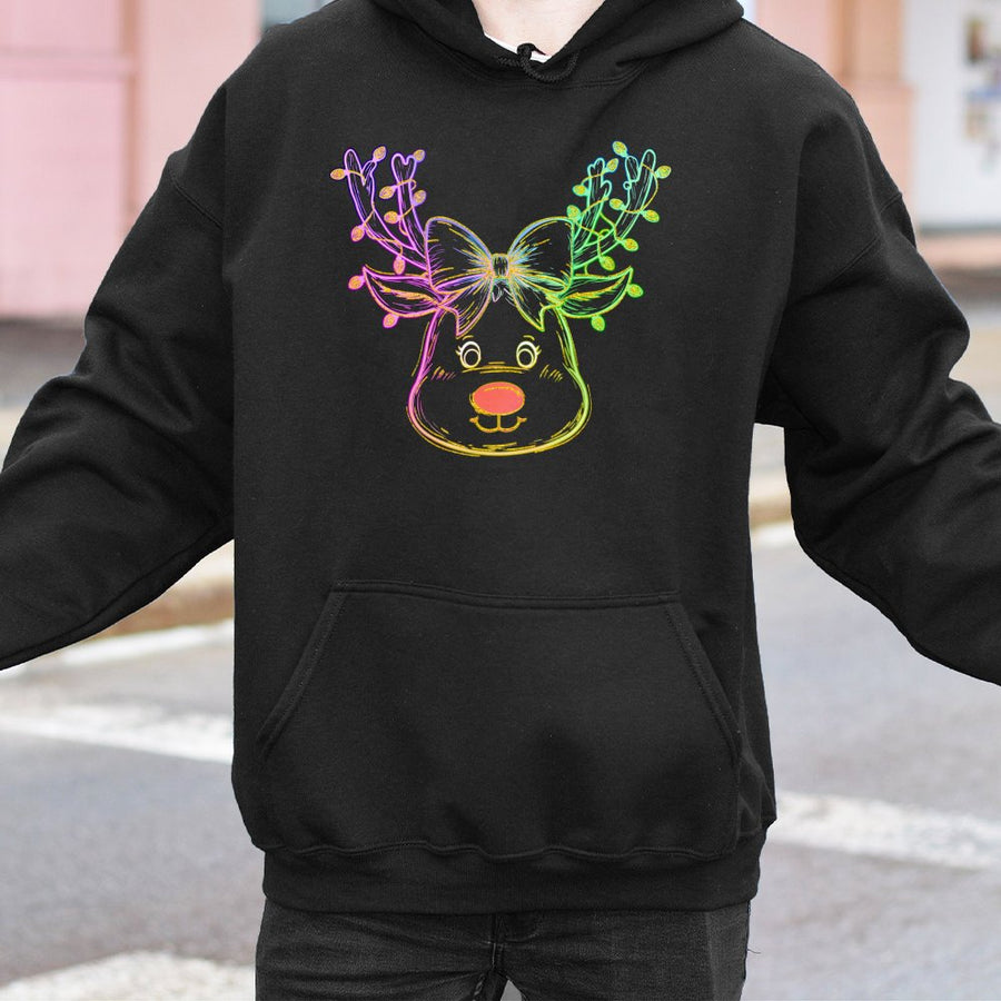 Cute Reindeer Christmas Hoodie | Neon Coquette Bow Holiday Graphic | Premium Cotton Blend | Unisex Festive Gift for Women and Teens