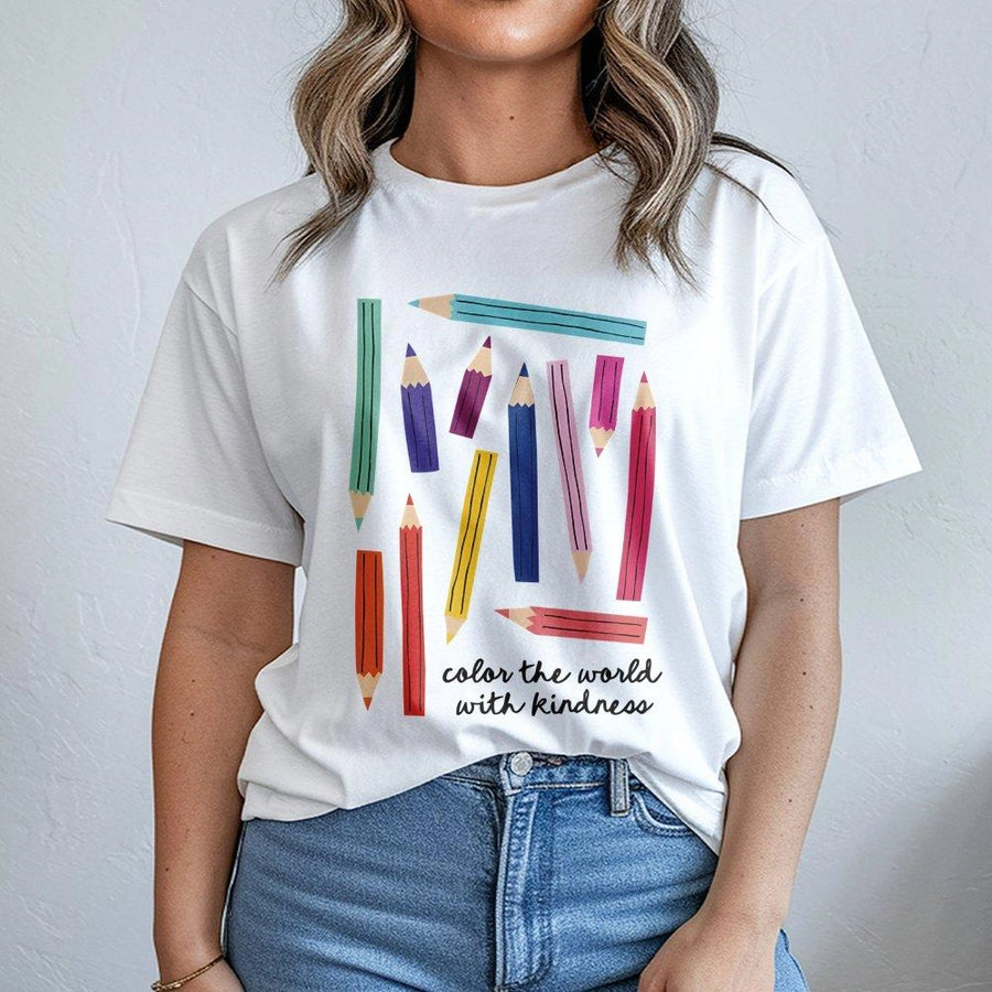 Color The World With Kindness T-Shirt | Pencil Art Graphic Tee | 100% Cotton Premium Quality | Cute Teacher Appreciation Gift For Elementary School Educators