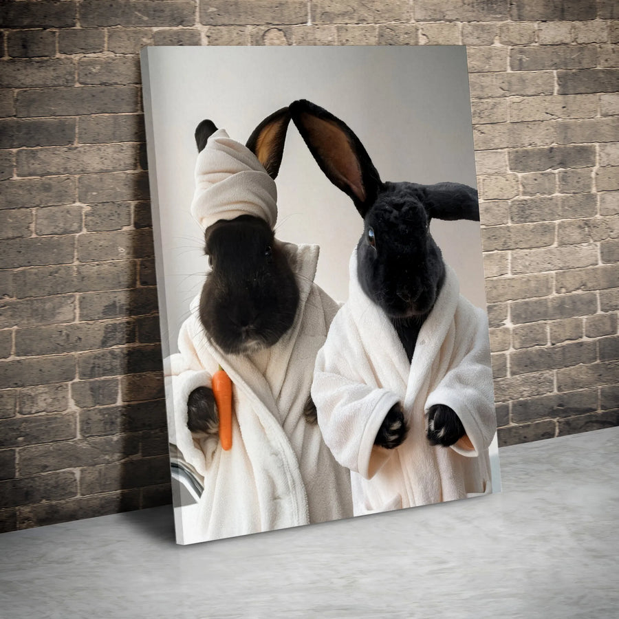 Funny Rabbit Wall Art | Cute Bunnies in Bathrobes Print | Premium Gallery Wrapped Canvas | Whimsical Bathroom Home Decor Gift