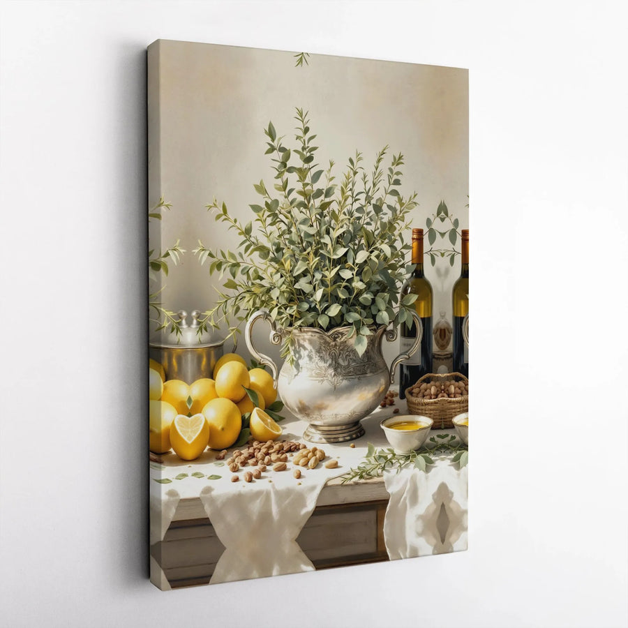 Still Life Lemon Canvas Wall Art | Rustic Silver Pitcher & Wine Decor | Premium 1.25" Gallery Wrap | Tuscan Kitchen & Dining Room Gift
