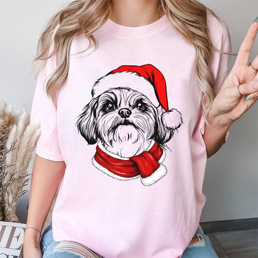 Shih Tzu Christmas T-Shirt | Santa Hat and Scarf Graphic | 100% Cotton Premium Tee | Festive Holiday Gift for Dog Lovers
