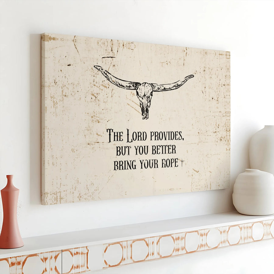 Western Christian Canvas Wall Art | Longhorn Skull with Faith Quote | Premium Gallery Canvas | Rustic Cowboy Home Decor Gift