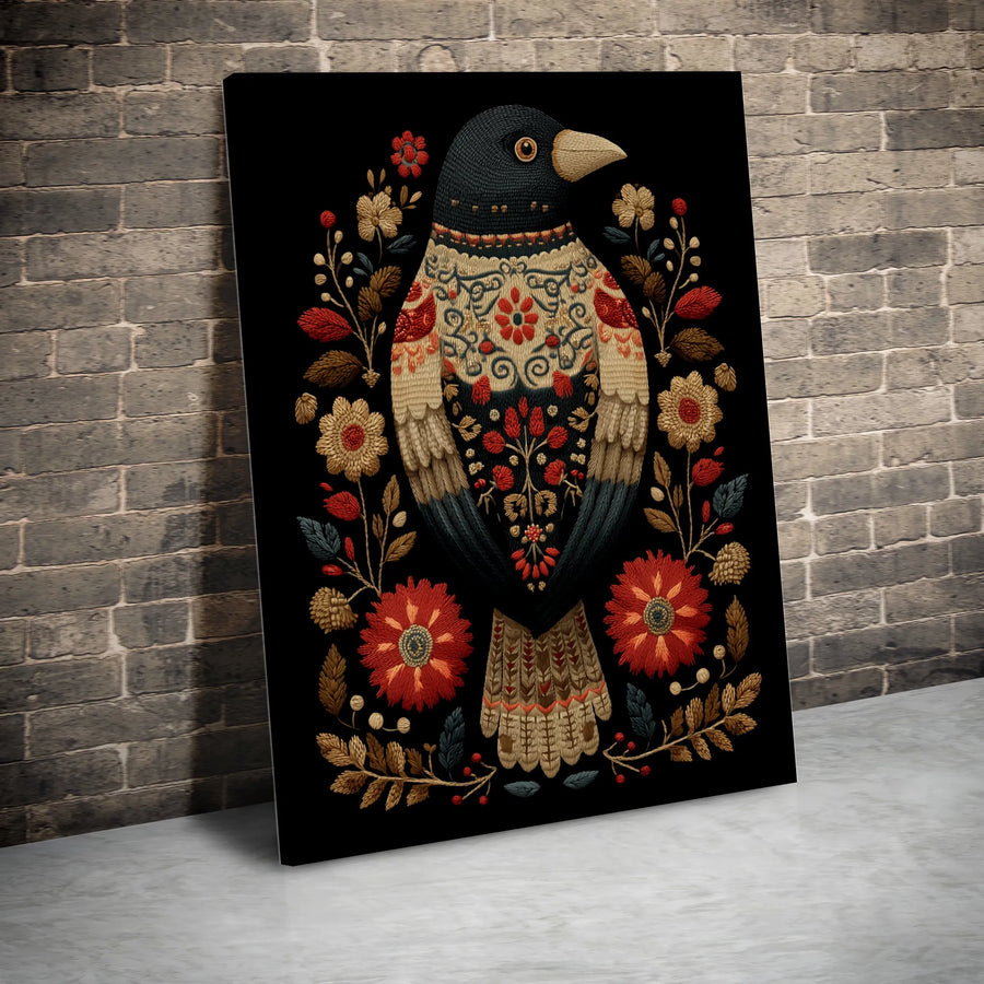 Folk Art Bird Canvas Print | Floral Botanical Wall Art | 1.25-Inch Premium Gallery Wrap | Nature-Inspired Home Decor Gift