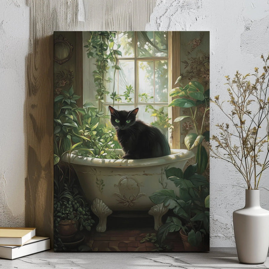 Black Cat in Clawfoot Bathtub Canvas | Whimsical Botanical Bathroom Wall Art | Premium Gallery Wrapped Print | Unique Gift for Cat Lovers
