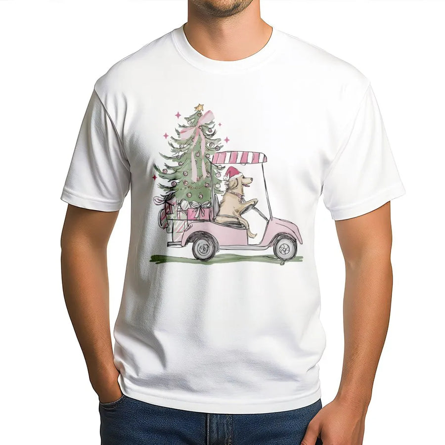 Christmas Golden Retriever T-Shirt | Golf Cart Holiday Graphic | Premium Soft Cotton | Funny Dog Lover Gift for Christmas Party