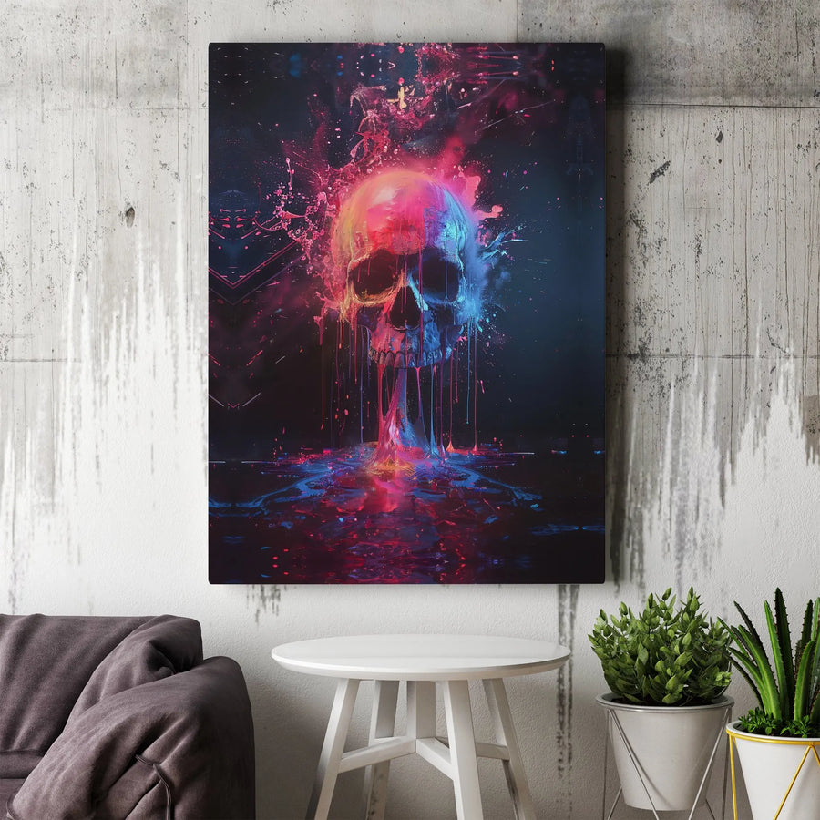Melting Skull Canvas Print | Neon Cyberpunk Abstract Wall Art | Premium 1.25 inch Gallery Wrap | Dark Aesthetic Decor for Gamer Room