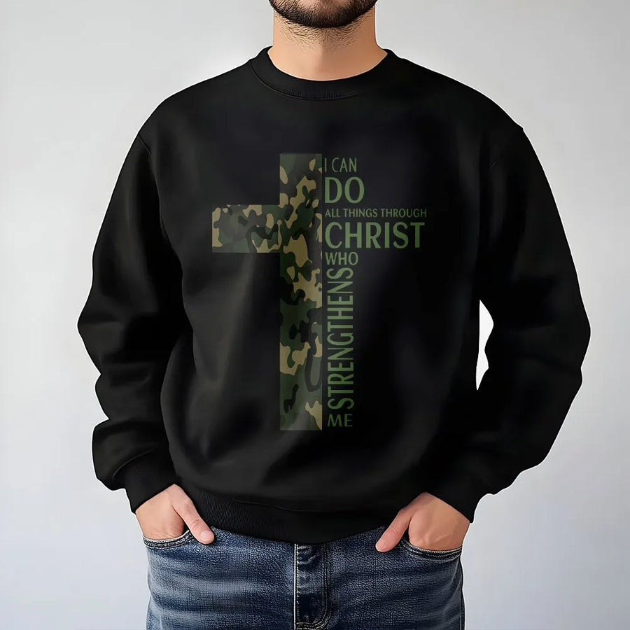 Camo Cross Christian Sweatshirt | Philippians 4:13 Bible Verse Graphic | Premium Cotton Blend | Inspirational Faith Gift For Men And Women