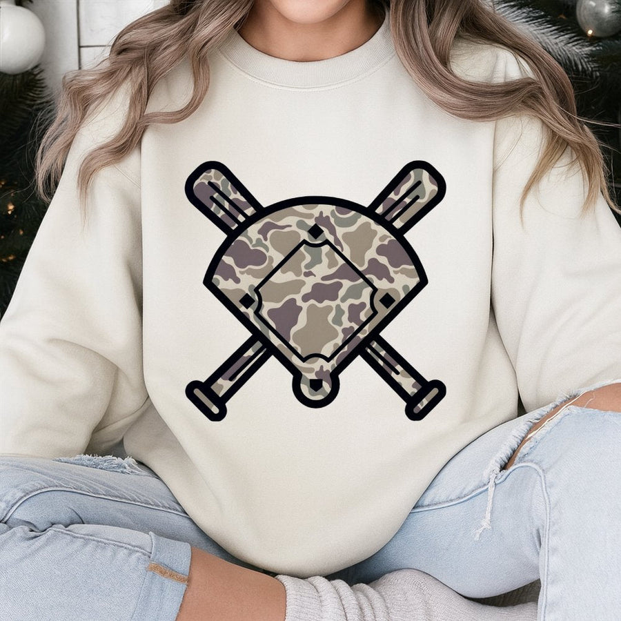 Baseball Camo Sweatshirt | Crossed Bats Diamond Graphic | Cotton Blend Premium Crewneck | Gift for Baseball Players and Sports Fans