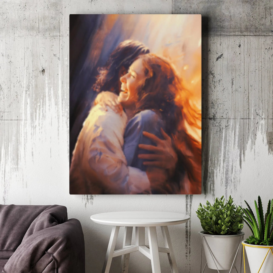 Jesus Embracing Woman Canvas Print | First Day In Heaven Wall Art | Premium Gallery Wrap Religious Decor | Spiritual Comfort Gift For Believers