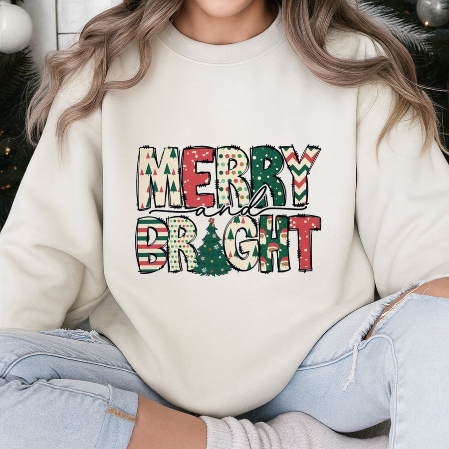 Merry and Bright Sweatshirt | Retro Christmas Tree Pattern Graphic | Premium Cotton Blend | Holiday Gift for Women and Men