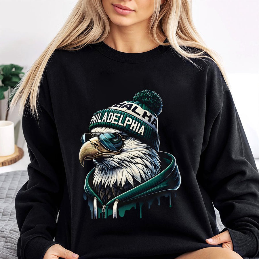 Philadelphia Eagle Wearing A Beanie, Sunglasses, And A Sweatshirt