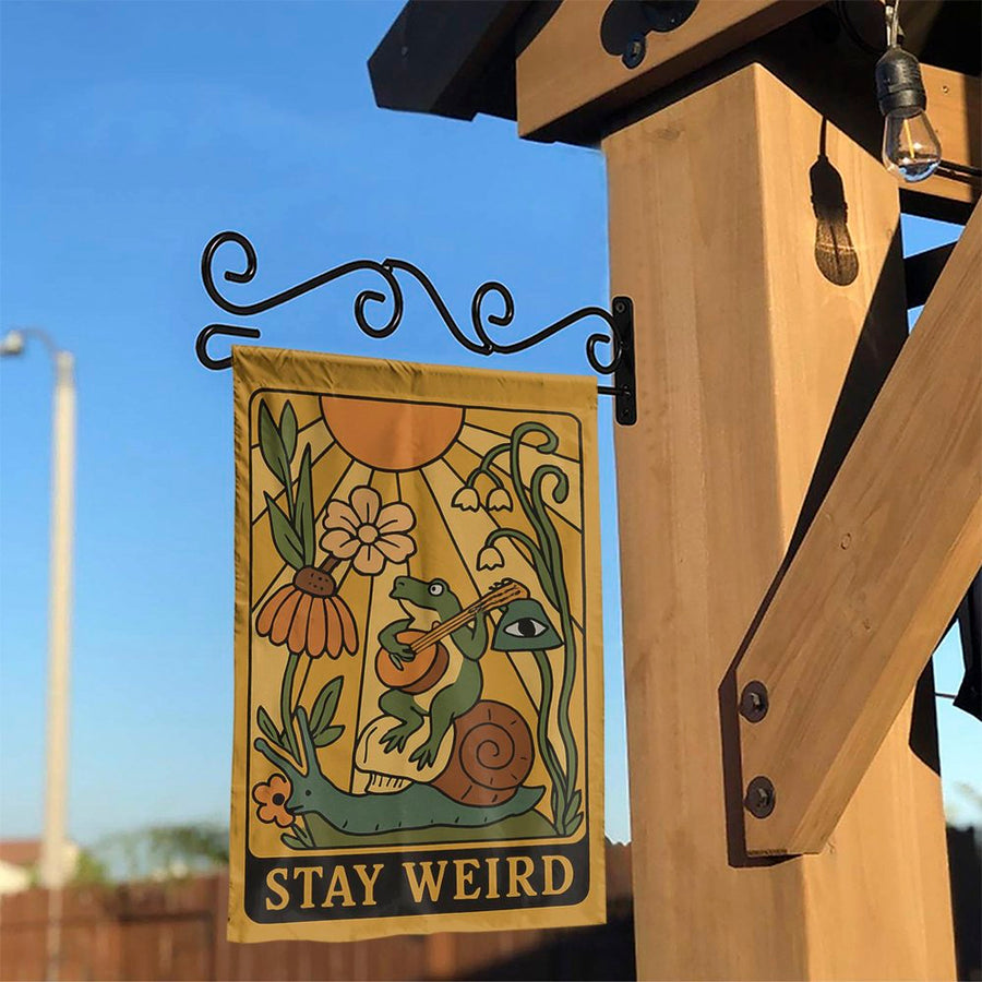 Stay Weird Garden Flag | Retro Frog and Snail Art | Weather-Resistant Polyester | Boho Outdoor Yard Decor Gift