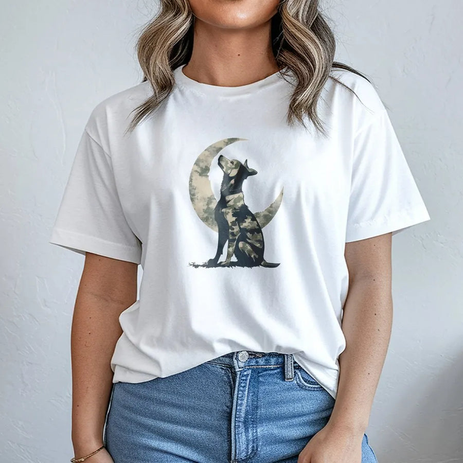 Camo Dog Moon T-Shirt | Distressed Wildlife Silhouette Graphic | 100% Cotton Premium Tee | Unique Gift for Hunters & Dog Lovers