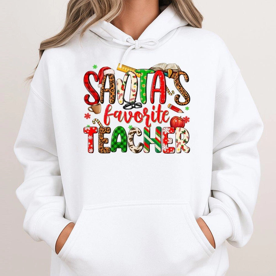 Santa's Favorite Teacher Hoodie | Festive Leopard Plaid Design | Premium Cotton Blend | Holiday Gift for Educators & School Staff