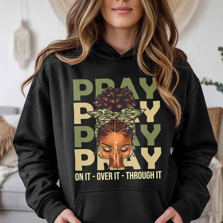 Pray On It Hoodie | Black Woman Faith Graphic Design | Premium Cotton Blend | Christian Gift for Women Religious Inspiration