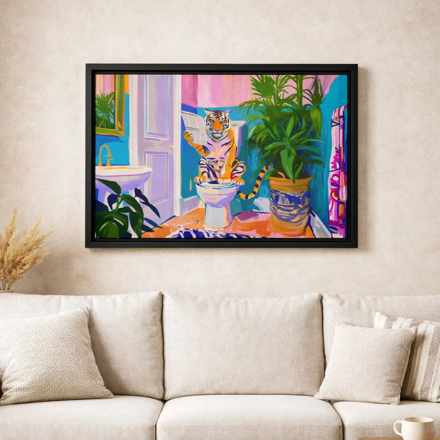 Tiger Reading Newspaper on Toilet Canvas Art | Whimsical Bathroom Decor | Gallery Quality 1.25 Inch Wrap | Funny Animal Wall Print for Home