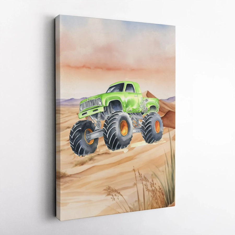 Monster Truck Canvas Wall Art | Watercolor Desert Adventure Print | Premium Gallery Wrap Decor | Gift For Boys Room Or Vehicle Enthusiast