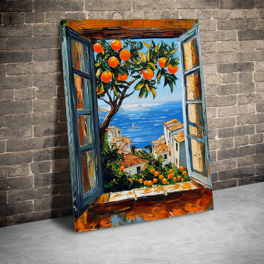 Mediterranean Window View Canvas | Orange Tree Seascape Painting | Fade-Resistant Gallery Quality Art | Coastal Home Decor Wall Print