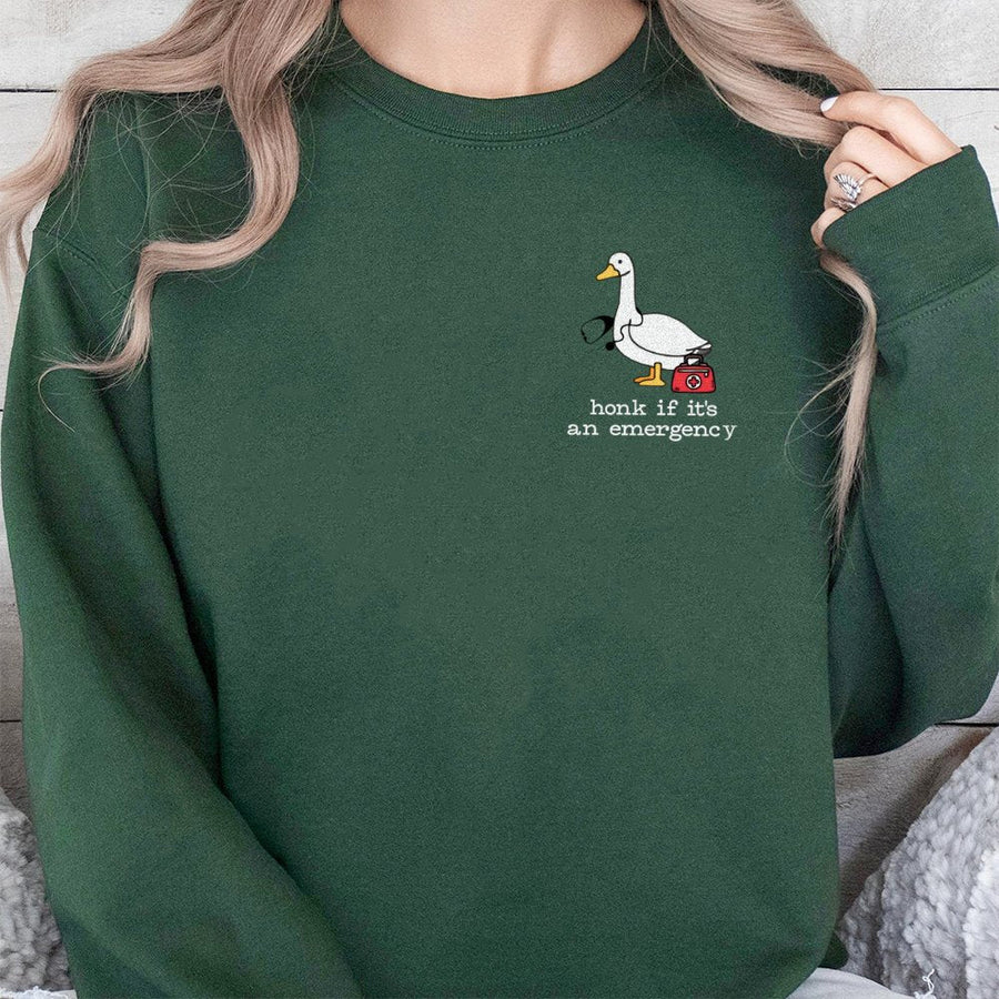 Honk If It's An Emergency Sweatshirt | Funny Goose Medical Graphic | Soft Cotton Blend Crewneck | Gift For Nurses, EMTs, And Healthcare Workers