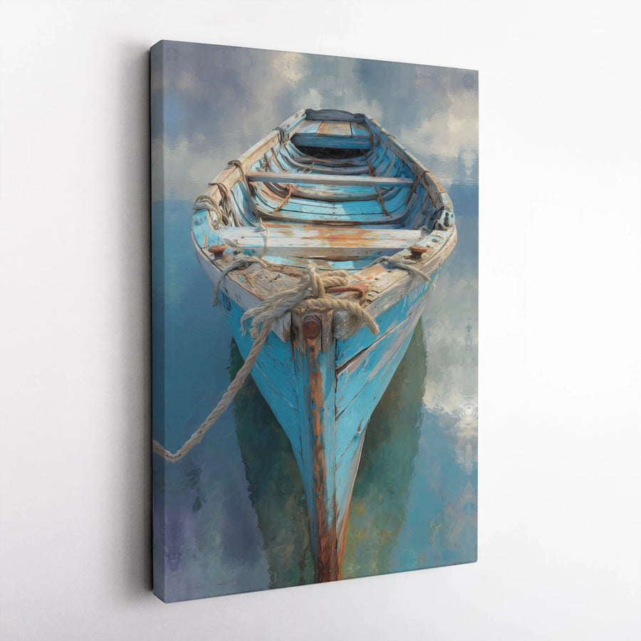 Rustic Blue Boat Canvas Print | Nautical Seascape Painting | Premium Gallery Wrapped Canvas | Coastal Living Wall Decor Gift