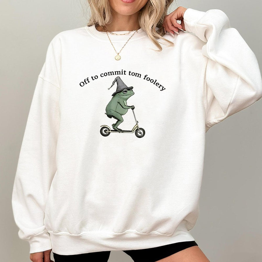 Frog Sweatshirt | Off To Commit Tom Foolery Funny Meme Design | Premium Cotton Blend Crewneck | Unisex Gift For Nature Lovers