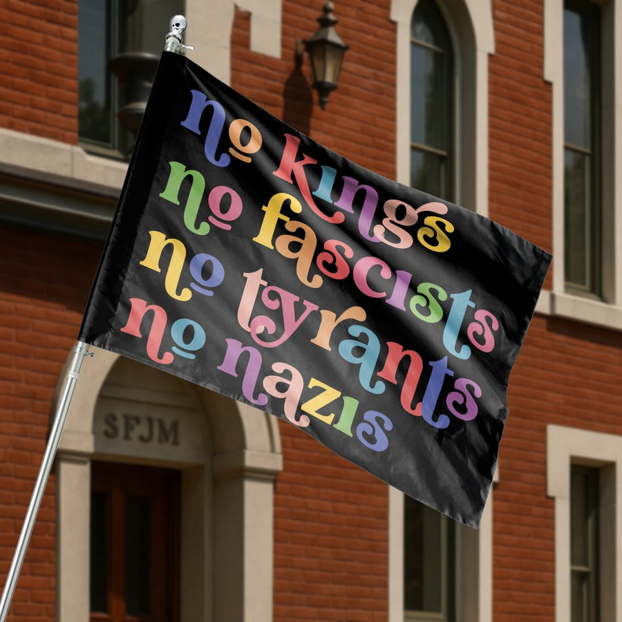 No Kings No Nazis House Flag | Groovy Retro Rainbow Typography | Durable 100% Polyester | Statement Home Decor Gift