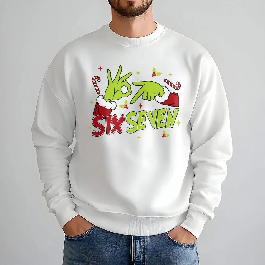 Six Seven Christmas Sweatshirt | Funny Green Hand Sign Meme Graphic | Premium Cotton Blend Crewneck | Viral Gen Z Holiday Gift For Her Him