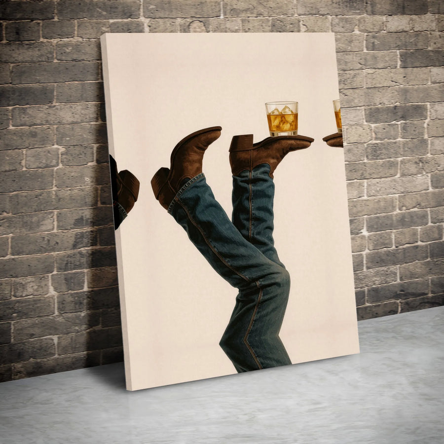 Cowboy Boots Whiskey Glass Canvas Art | Western Bourbon Home Decor | Premium Gallery Wrap Print | Unique Man Cave Bar Wall Hanging