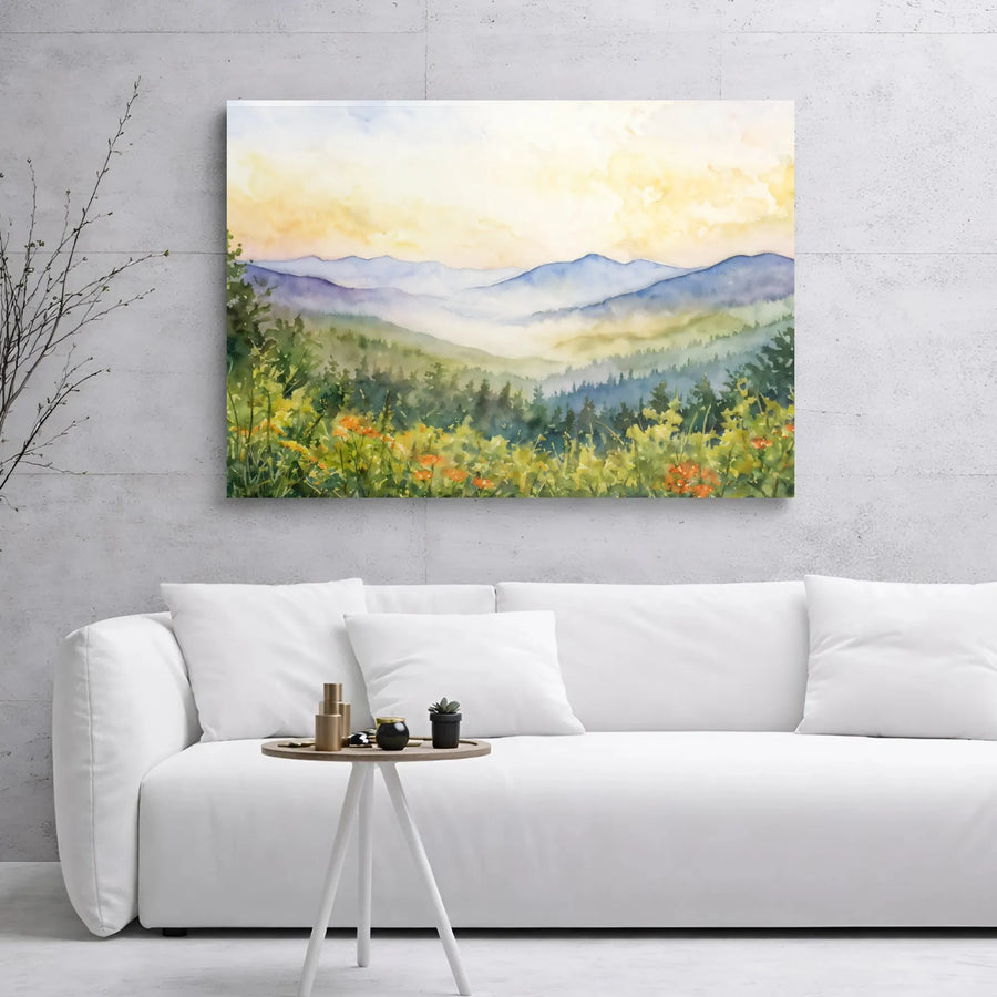 Watercolor Mountain Landscape Canvas | Misty Valley And Wildflower Print | Premium 1.25-Inch Gallery Wrap | Serene Nature Wall Art Decor