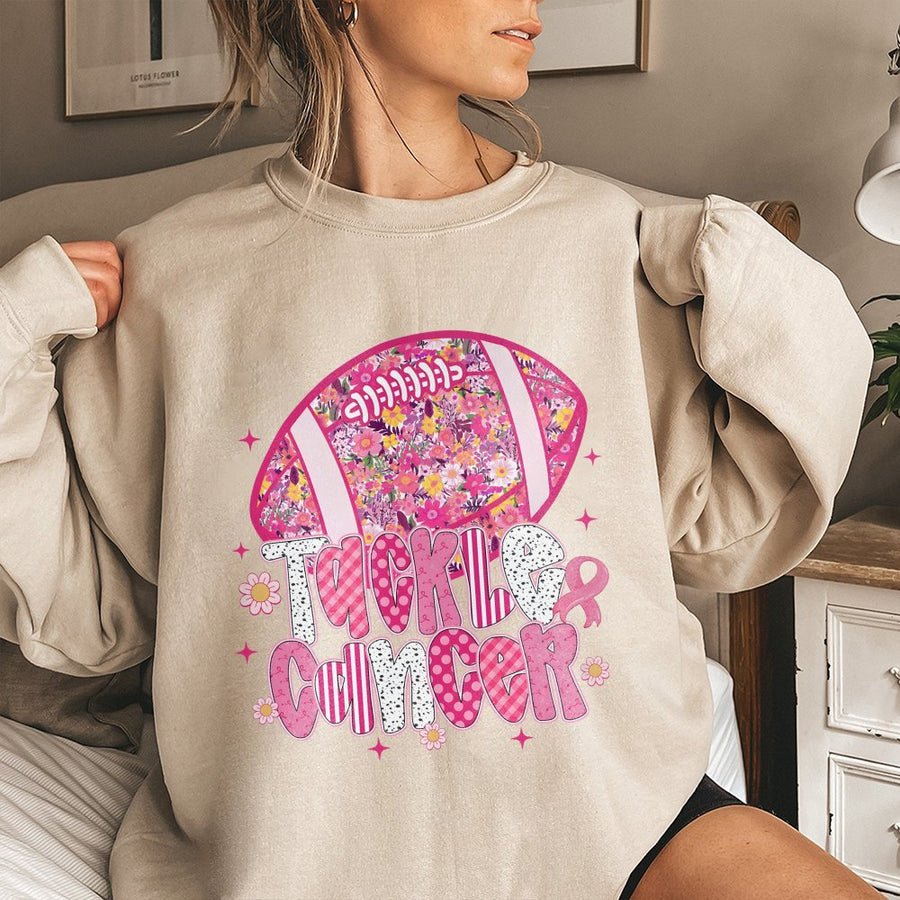 Tackle Cancer Football Sweatshirt | Floral Breast Cancer Awareness Design | Premium Cotton-Poly Blend | Supportive Gift for Survivors